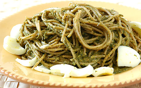 Basil-Spinach Pasta with Hard Boiled Eggs