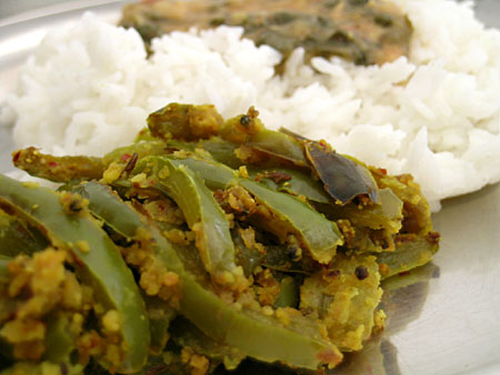 Capsicum Curry with Rice and Spinach Dal