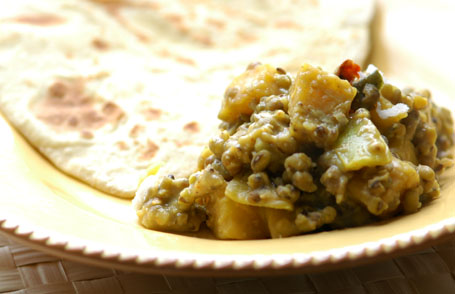 Moong Bean-Plantain Curry with Chapatis