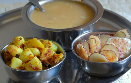 Plain Potato Curry and Microwave Oven Baked Potato Chips with Plain Toordal Rasam and Rice