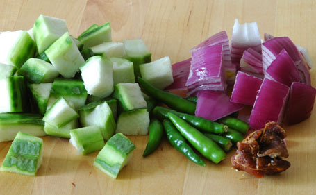 Ridge gourd, Onion, Green chillies and Tamarind